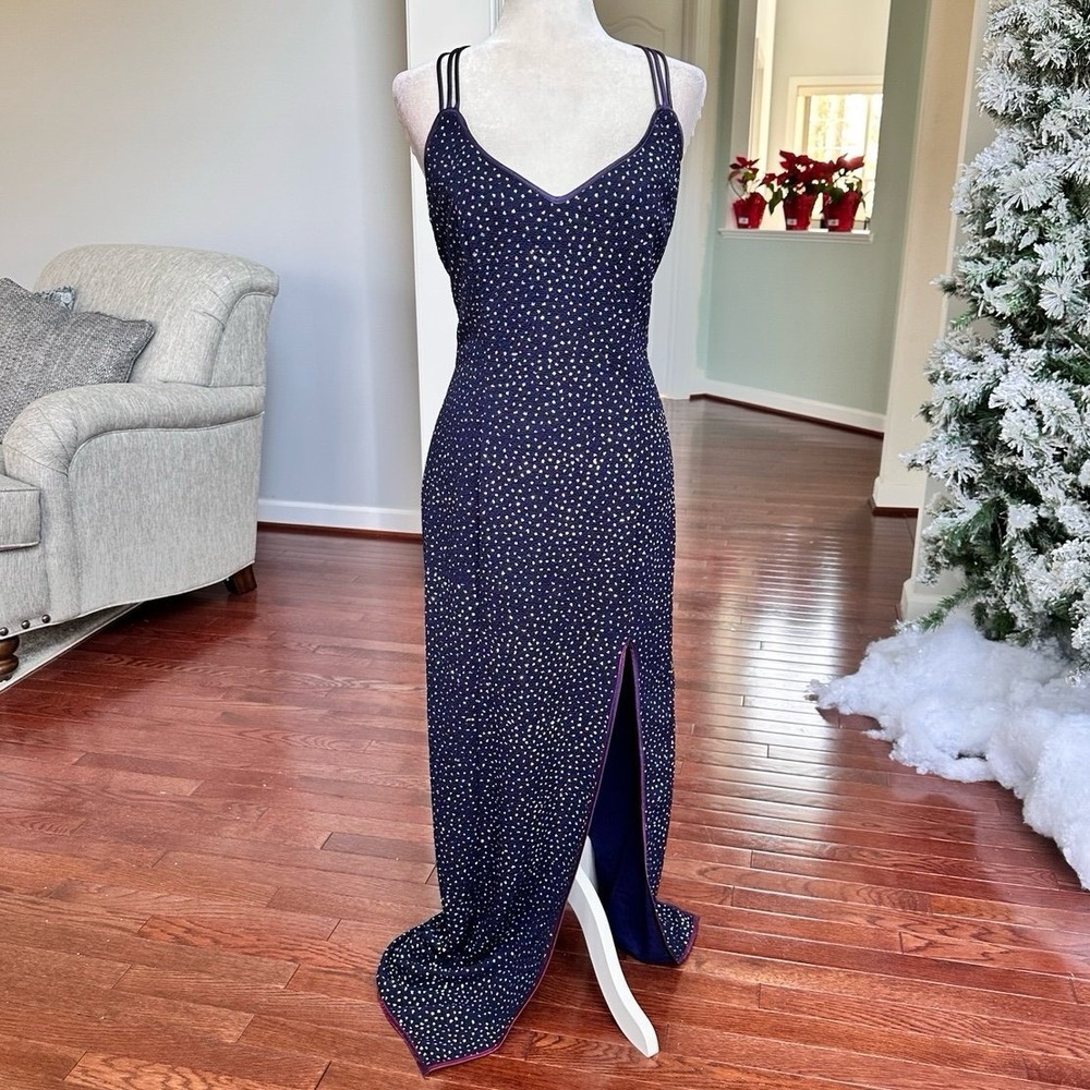 Vintage LA GLO Navy Blue Glitter Strappy Open back Plunge Gown Dress Size 11/12